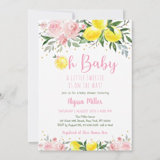 レモネードスウィーティピンクフローラベビーシャワー 招待状 (正面)