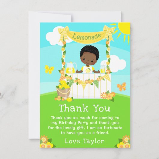 レモネードスタンドの誕生日 黒い肌の少年 サンキューカード (正面)