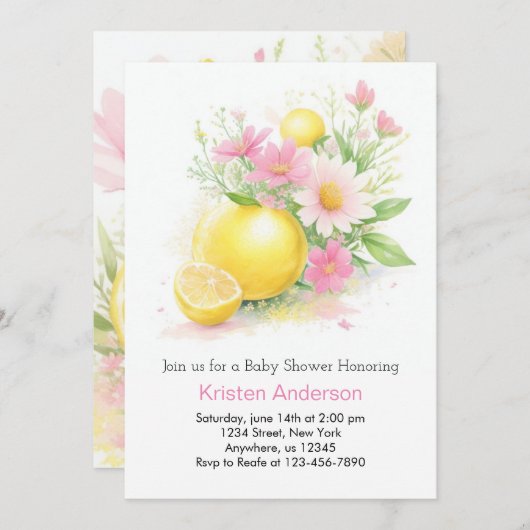 レモネードピンクブロッサムガールベビーシャワー 招待状 (正面/裏面)