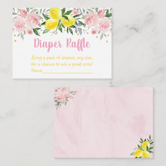 レモネードピンク金ゴールドフローラベビーおむつラッフル エンクロージャーカード (正面/裏面)