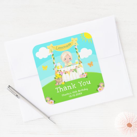 レモネードブロンドヘアガール誕生日サンキューユー スクエアシール (封筒)