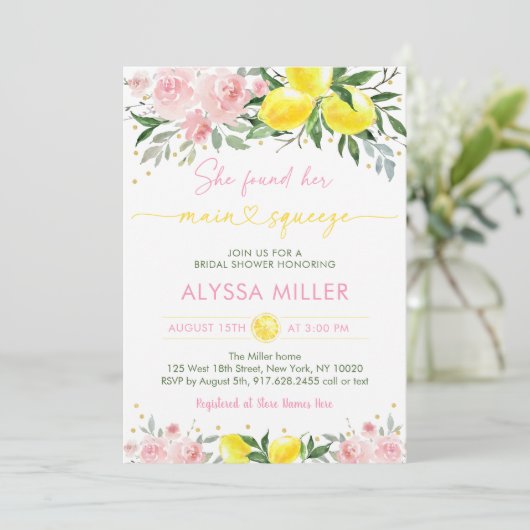 レモネードメインスクイーズピンクフローラブライダルシャワー 招待状 (スタンド正面)