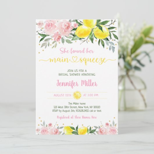 レモネードメインスクイーズピンク金ゴールドブライダルシャワー 招待状 (スタンド正面)