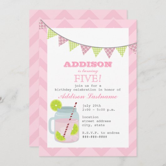レモネード及びライムのシェブロンのピンクの誕生日 招待状 (正面/裏面)