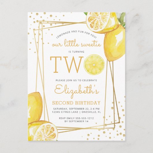 レモネード水彩2歳誕生日パーティー招待状 ポストカード (正面)