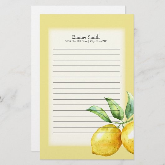 レモパーソナライズされたンと緑の葉の白 便箋 (正面/裏面)