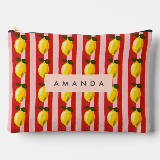 レモパーソナライズされたンストライプパタンイエローレモン アクセサリーポーチ (正面)
