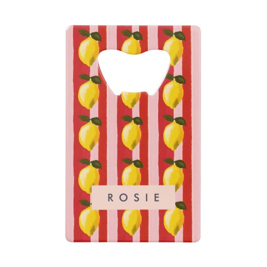 レモパーソナライズされたンストライプパタンイエローレモン クレジットカード栓抜き (正面)