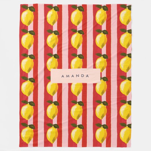 レモパーソナライズされたンストライプパタンイエローレモン フリースブランケット (正面)