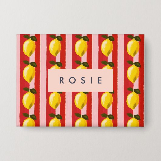 レモパーソナライズされたンストライプパタンイエローレモン 缶バッジ (正面)