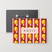 レモパーソナライズされたンストライプパタンイエローレモン 缶バッジ (正面/裏面)