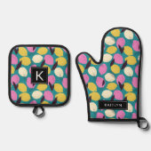 レモモダンンカラフルパターンのモノグラム名 鍋つかみ&鍋敷きセット (正面)