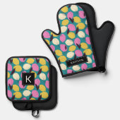 レモモダンンカラフルパターンのモノグラム名 鍋つかみ&鍋敷きセット (正面/裏面)