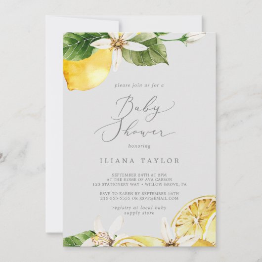 レモモダンンガーデン |灰色のベビーシャワー 招待状 (正面)