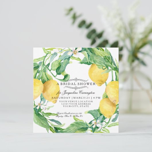 レモモダンンフローラフラワーリースブライダルシャワー 招待状 (スタンド正面)