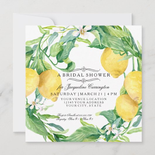 レモモダンンフローラフラワーリースブライダルシャワー 招待状 (正面)