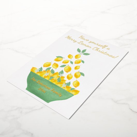 レモモダンンメリークリスマスの木の柑橘系の写真 箔シーズンカード (回転した状態)