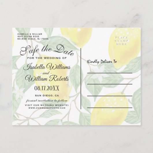 レモモダンン夏の日付を保存結婚する 案内ポストカード (裏面)
