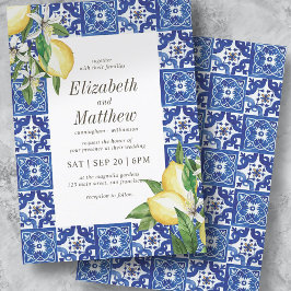レモモダンン葉ブルー地中海の結婚ズ 招待状