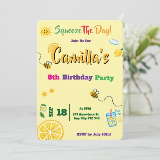 レモンがテーマの子供の誕生日招待状カード 招待状 (スタンド正面)