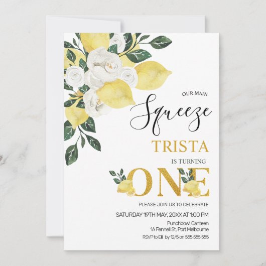 レモンが私たちのメインスクイーズ！ファーストバースデー 招待状 (正面)