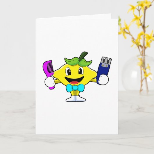 レモンとしてのコームとカミソリを持つ美容師 カード (黄色い花)