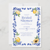 レモンとアンティークブルー陶器パターンブライダルシャワー 招待状 (正面)
