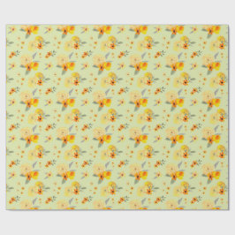 レモンとイエローローズの花水彩パターン ラッピングペーパー