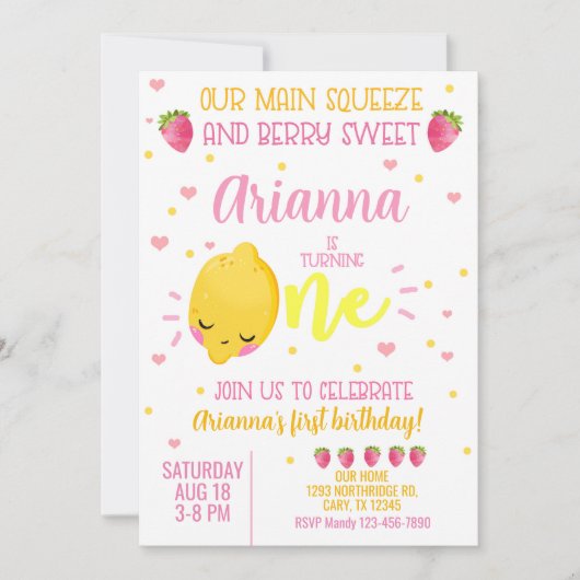 レモンとイチゴの女の子1歳誕生日招待状 招待状 (正面)