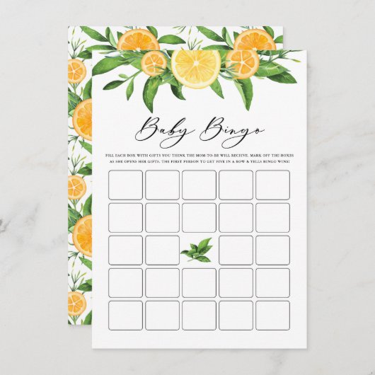 レモンとオレンジのガーランド赤ちゃんシャワービンゴゲーム エンクロージャーカード (正面/裏面)