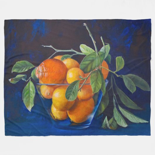 レモンとオレンジの枝のある静物画 フリースブランケット (正面(横))