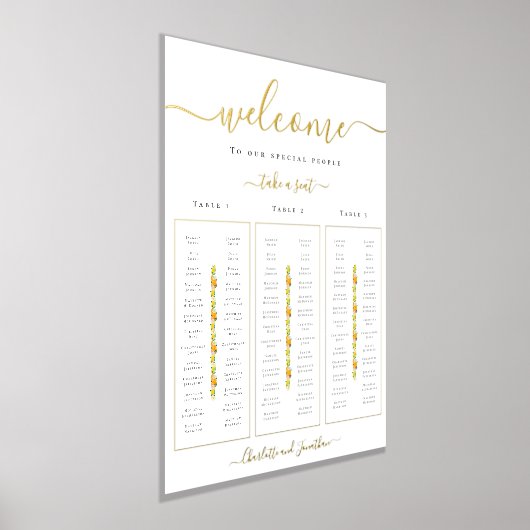 レモンとオレンジの柑橘類結婚のシーティングチャート金ゴールド 箔ポスター (レイダウン)