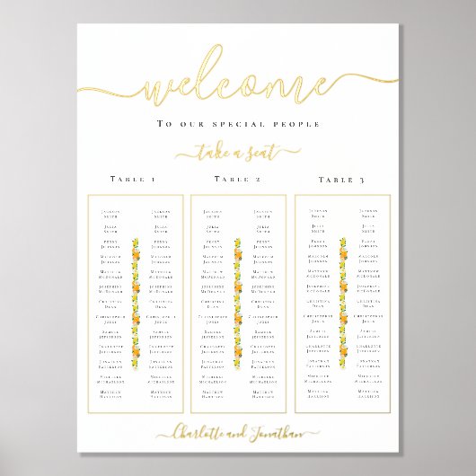 レモンとオレンジの柑橘類結婚のシーティングチャート金ゴールド 箔ポスター (正面)