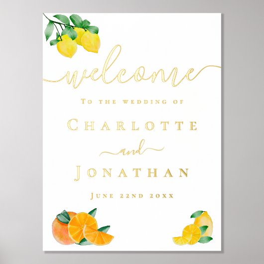 レモンとオレンジの柑橘類結婚の歓迎金ゴールド 箔ポスター (正面)