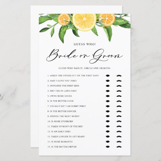 レモンとオレンジの花嫁または花婿のブライダルシャワーゲーム (正面/裏面)