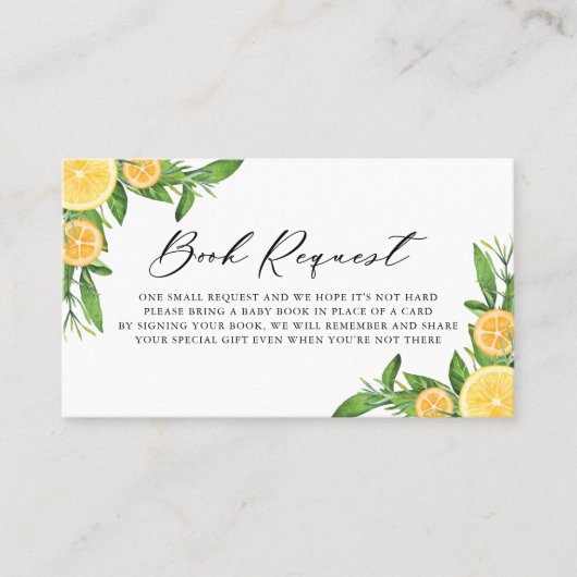 レモンとオレンジの赤ちゃんシャワーブックリクエストカード プレイスカード (正面)