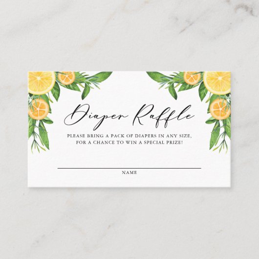 レモンとオレンジ赤ちゃんシャワーおむつラッフルカード プレイスカード (正面)