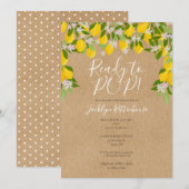 レモンとグリーンのボタニカルデザインが可愛い Rustic Ready to POP ベビーシャワー 招待状 (正面/裏面)