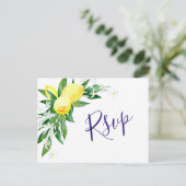 レモンとグリーン ウォーターカラー結婚式の出欠確認 ポストカード (スタンド正面)