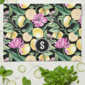 レモンとチューリップの花の模様 | シトラスモノグラム キッチンタオル (折り畳み)