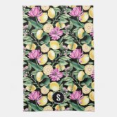 レモンとチューリップの花の模様 | シトラスモノグラム キッチンタオル (縦)