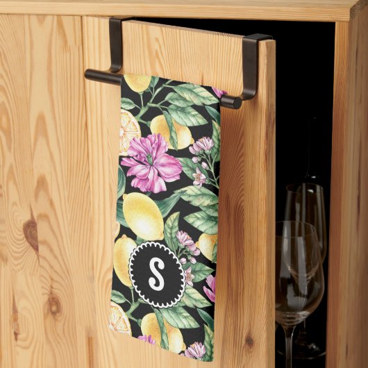 レモンとチューリップの花の模様 | シトラスモノグラム キッチンタオル (三つ折り)