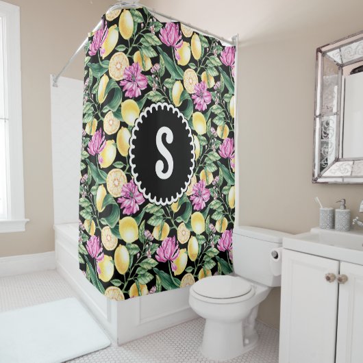 レモンとチューリップの花の模様 | シトラスモノグラム シャワーカーテン (インサイチュ)