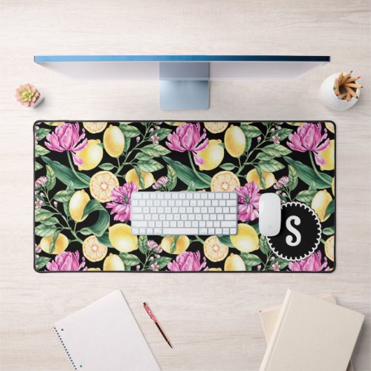 レモンとチューリップの花の模様 | シトラスモノグラム デスクマット (オフィス1)