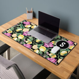 レモンとチューリップの花の模様 | シトラスモノグラム デスクマット