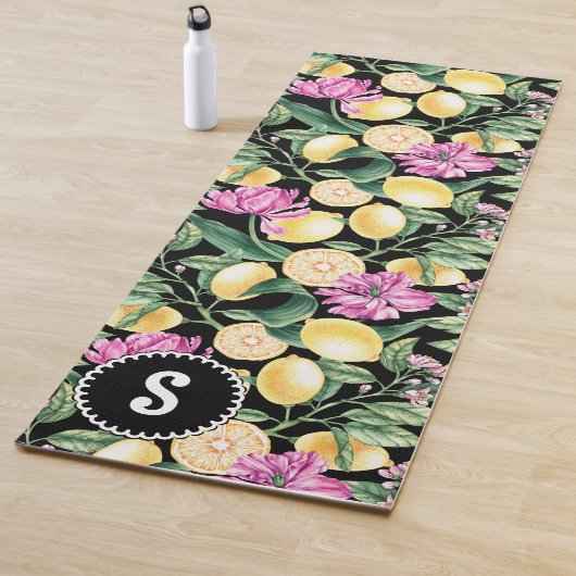 レモンとチューリップの花の模様 | シトラスモノグラム ヨガマット (インサイチュ)