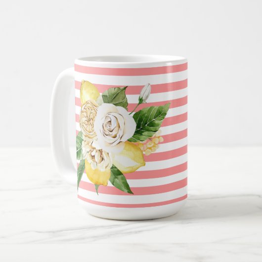レモンとバラをピンク色のストライプ コーヒーマグカップ (正面左)