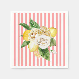 レモンとバラをピンク色のストライプ スタンダードカクテルナプキン