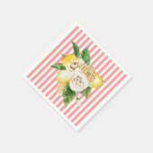 レモンとバラをピンク色のストライプ スタンダードカクテルナプキン (角)