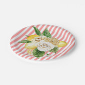レモンとバラをピンク色のストライプ ペーパープレート (アングル)
